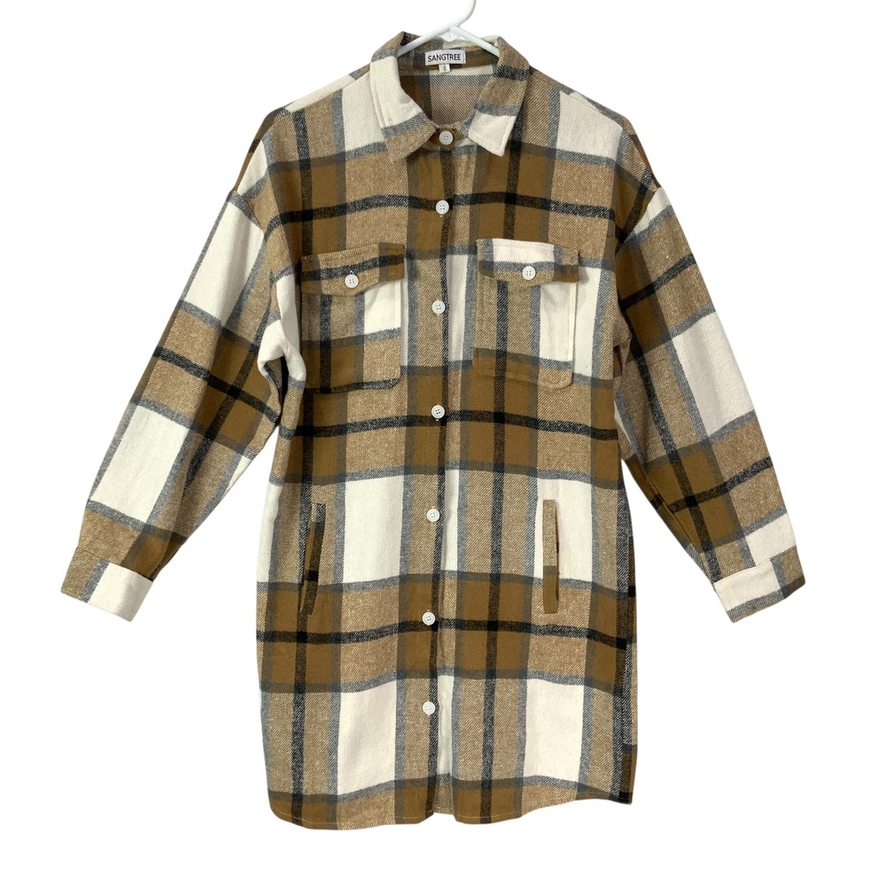 SANGTREE Plaid Long Shirt Jacket Size S Brown White Brown Button Up Oversized